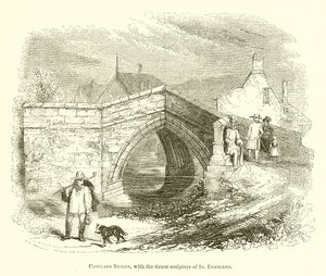 Puente de Croyland, con la escultura sajona de Santa Ethelred (grabado)