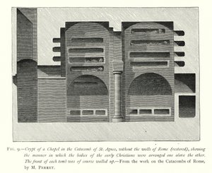 Cripta de una capilla en la catacumba de Santa Inés, fuera de los muros de Roma (restaurada), mostrando la manera en que los cuerpos de los primeros cristianos estaban dispuestos uno sobre otro (grabado) de English School