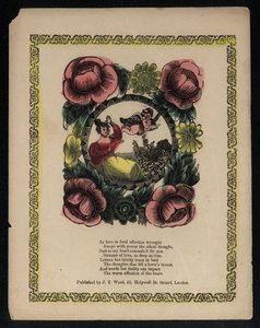 Cupido y mujer en un jardín rodeado de flores, poema de amor de English School