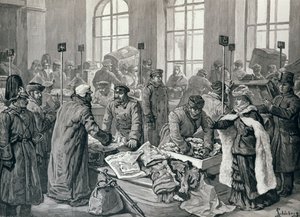 Oficiales de aduanas examinando el equipaje de los pasajeros de Alemania, en Wirballen, en la frontera rusa, de 