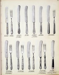 Diseños de cubiertos, de un catálogo comercial de bienes y accesorios domésticos, c.1890-1910 de English School