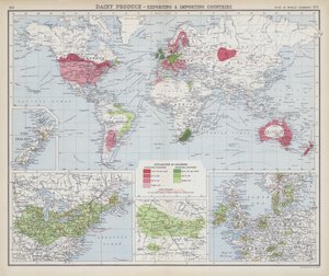 Productos lácteos, países exportadores e importadores (litografía en color) de English School