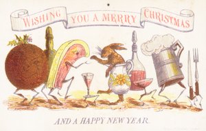 Comida, cubiertos y vajilla bailando, Tarjeta de Navidad