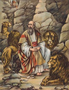 Daniel en el foso de los leones (litografía en color) de English School