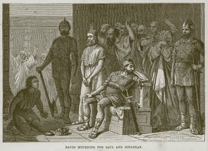 David lamentando por Saúl y Jonatán, ilustración de La Biblia del Niño, circa 1880 de English School
