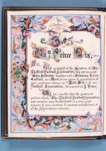 Dedicación de una dirección presentada por la Asociación de Fútbol de Sheffield a William Pierce-Dix con motivo de su retiro como Secretario, 1882 de English School