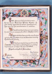 Dedicación de una dirección presentada por la Asociación de Fútbol de Sheffield a William Pierce-Dix con motivo de su retiro como Secretario, 1882 de English School