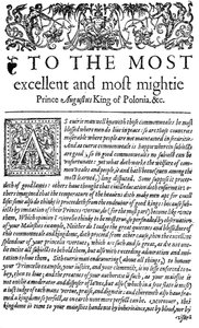 Dedicación al rey de Polonia Segismundo II Augusto I en El Consejero, la primera traducción al inglés de De optimo senatore de Wawrzyniec Grzymała Goślicki, 1598 (impresión) de English School