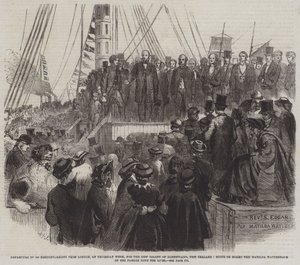 Salida de 800 No Conformistas de Londres, el Jueves de la Semana, hacia la Nueva Colonia de Albertland, Nueva Zelanda, Escena a Bordo del Matilda Wattenbach en su Paso por el Río de English School