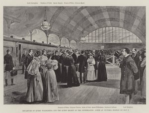 Salida de la reina Guillermina y la reina regente de los Países Bajos, escena en la estación Victoria el 9 de mayo (litografía)