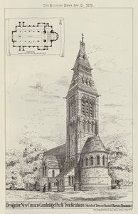 Diseño para una nueva iglesia, Cambridge Park, Twickenham, boceto de la torre y el presbiterio de English School