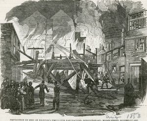 Destrucción por fuego de la fábrica de pianos de Kirkman, Dufours Place, Broad Street, Golden Square de English School