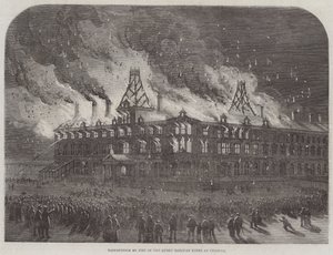 Destrucción por Incendio en el Hotel Queen Railway en Chester (grabado) de English School