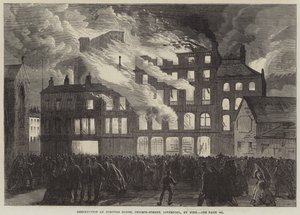 Destrucción de Compton House, Church-Street, Liverpool, por incendio (grabado) de English School