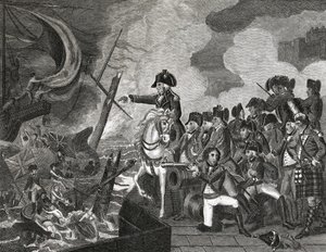 Destrucción de los botes de guerra antes de Gibraltar, grabado por H.Cook, 1816 de English School