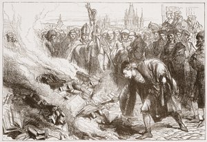 Destrucción de las obras de Wicliffe en Praga, ilustración de La Historia del Protestantismo por James Aitken Wylie (1808-1890), pub. 1878