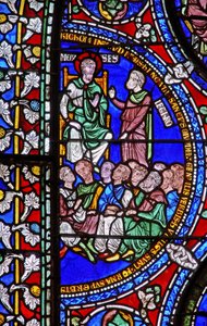 (detalle) de una de las Ventanas de la Biblia que representa a Moisés con Jetro