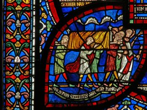 (detalle) de la Ventana del Milagro que representa la historia de Jordan Fitzeisulf de English School