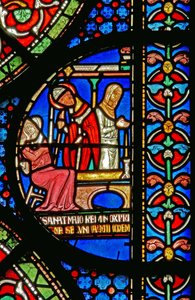 (detalle) de la Ventana del Milagro que representa la curación de las hijas de Godbold de Boxley