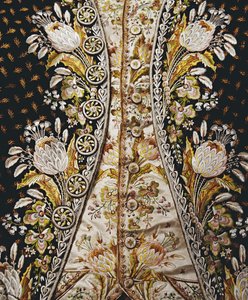 (detalle) traje completo de caballero, compuesto por abrigo, chaleco y calzones, 1780s-90s