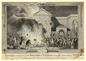 Devastaciones ocasionadas por los alborotadores de Londres incendiando la nueva cárcel de Newgate y quemando los muebles del Sr. Akerman, 6 de junio de 1780