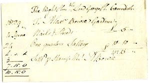 Devonshire MSS AS 3101, folio de un paquete de facturas liquidadas por Pinder Simpson para Lord George Cavendish, incluyendo la factura de Alexander Bowie de English School