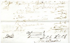 Devonshire MSS AS 3101, folio de un paquete de facturas liquidadas por Pinder Simpson para Lord George Cavendish, incluyendo la factura de Alexander Bowie
