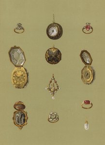 Anillo de diamantes, reloj de oro, camafeo de piedra de sangre, reloj de oro, solitario con joyas, anillo de luto de ópalo de María Reina de Escocia, anillo de oro de la princesa Isabel, reloj de oro de forma octogonal, anillo de oro, pendiente de perla de English School