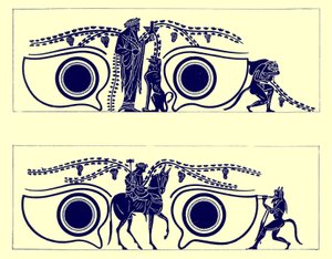 Dionisos, Hefesto y sátiros, ilustración de Pinturas de Vasos Griegos por J. E. Harrison y D. S. MacColl, publicada en 1894 (imagen digitalmente mejorada)