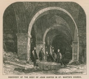 Descubrimiento del cuerpo de John Hunter en la Iglesia de St. Martin, Londres de English School