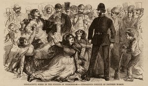 Escena vergonzosa en las calles de Birmingham, conducta desternillante de mujeres borrachas (grabado) de English School