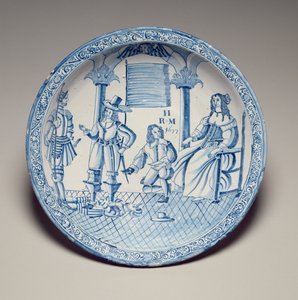 Plato con la Reina Catalina sentada mientras un caballero arrodillado le ajusta un zapato, 1677 de English School