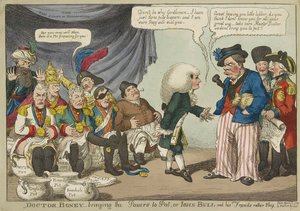 Doctor Boney trayendo los poderes a Pot, o John Bull y sus amigos algo tímidos, pub. 1808 (grabado coloreado a mano) de English School
