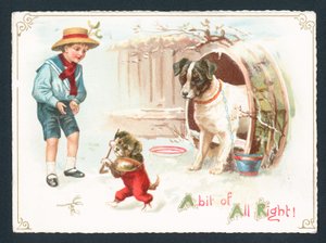 Perro, cachorro y niño jugando en la nieve de English School