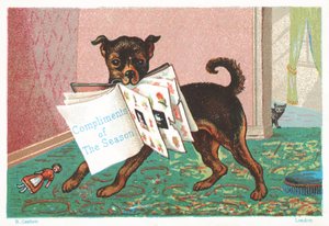 Perro con libro en la boca, tarjeta de Navidad