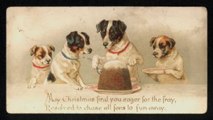 Perros sirviendo un pudín de Navidad, tarjeta de felicitación