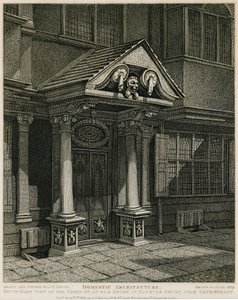 Arquitectura doméstica: vista sureste del pórtico de una casa antigua en Hanover Court cerca de Grub Street de English School