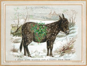 Burro llevando acebo en la nieve, tarjeta de Año Nuevo