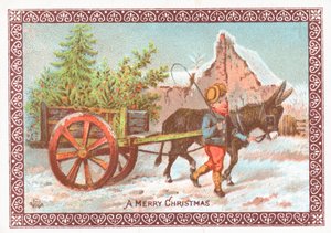 Burro tirando de un carro, tarjeta de Navidad