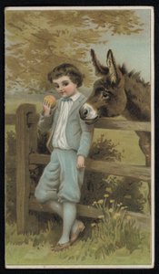 Burro observando a un niño con una manzana, tarjeta de felicitación.