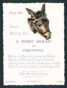 Burro con muérdago en el arnés, tarjeta de Navidad
