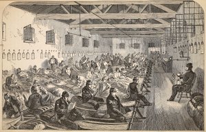 Dormitorio en la prisión de Coldbath Fields, ilustración de Las prisiones criminales de Londres y escenas de la vida en prisión de Henry Mayhew y John Binny, pub. 1862 de English School