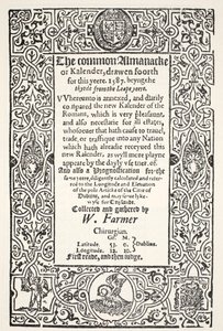 Doble Almanaque (común y nuevo) y Prognosticación para Dublín para 1587, por W. Farmer, impreso por Watkins y Roberts, 1587 de English School