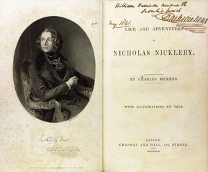 Doble página con un retrato de Dickens y una dedicatoria de Dickens a William Harrison Ainsworth de English School