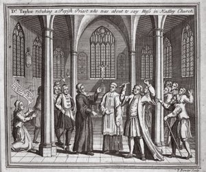 El Dr. Taylor reprendiendo a un sacerdote papista que estaba a punto de decir misa en la Iglesia de Hadley, ilustración de Mártires de Fox c.1703