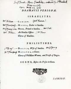 Dramatis Personae para Sansón, un oratorio de Handel, publicado en 1759 de English School