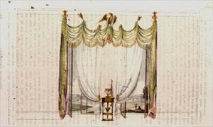 Cortina de ventana de salón y mesa de trabajo, lámina 104 de Ackermann