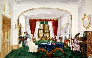 Interior de salón, mujer al piano, hombre con sombrero hongo escribiendo, c.1850