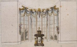 Cortina de ventana de salón y jardinera, lámina 101 de Ackermann