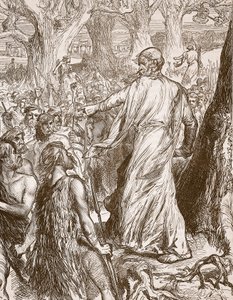 Druidas incitando a los britanos a oponerse al desembarco de los romanos, ilustración de Cassells Illustrated History of England de English School